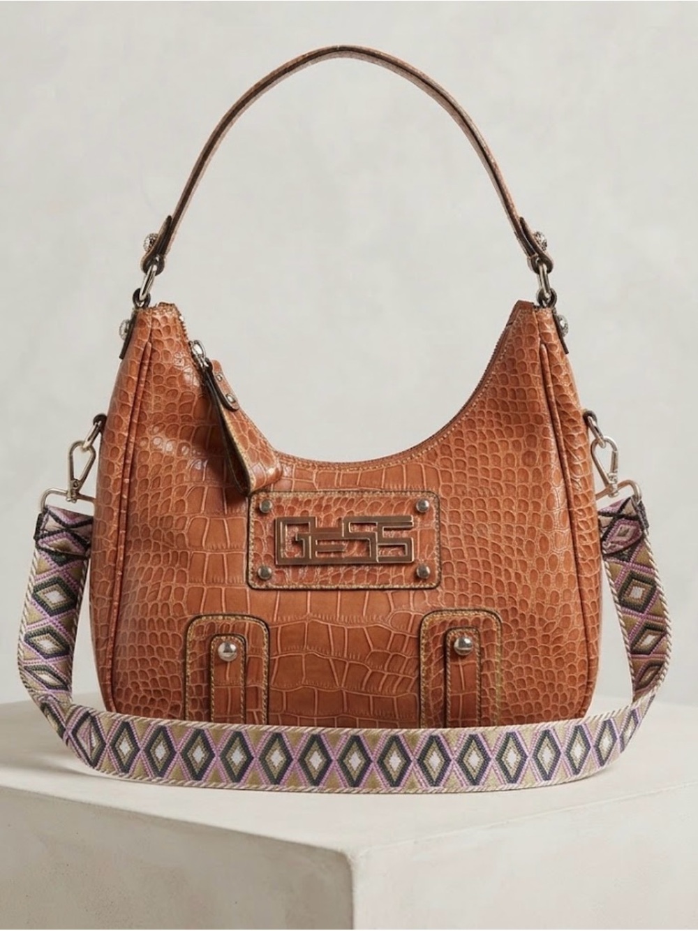 Guess Orange Croc-Embossed Bag with Free Cross -strap, Y2K, Halloween, Fall